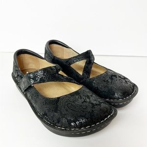 Alegria Black Leather Paisley Embossed Mary Jane Comfort Shoes Women’s Size 37